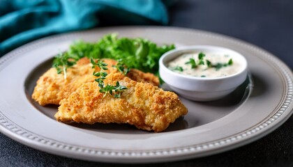 juicy chicken fillets are coated in a golden crispy crust garnished with fresh herbs and paired with a rich creamy sauce making a delightful meal