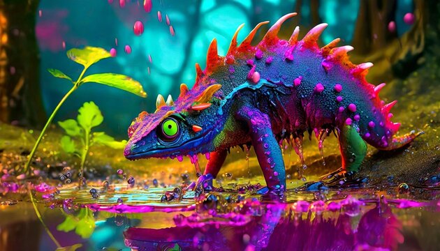 Rainbow lizard in vibrant pool