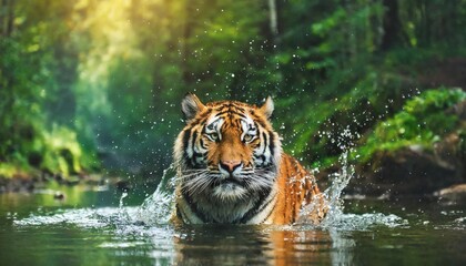 Tiger emerging from forest stream