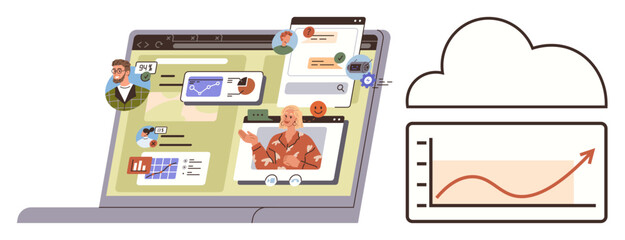 Laptop interface showcasing video conferencing, data sharing, analytics, and team collaboration tools with cloud storage and growth chart. Ideal for teamwork, productivity, remote work, digital