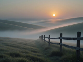 Obraz premium Serene sunrise illuminating rolling hills blanketed in fog with the sun rising just above the horizon