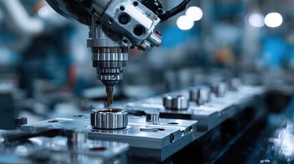 A close-up of a precision machining tool in action, showcasing a high-tech industrial environment focused on manufacturing components.