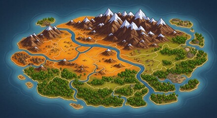 Stylized Fantasy World Map with SnowCapped Mountains and Diverse Biomes.