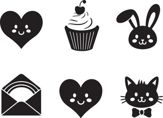 Cute kawaii icons hearts, bunny, cat, cupcake, envelope