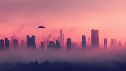 Sunrise Over Misty City Skyline with Floating Object
