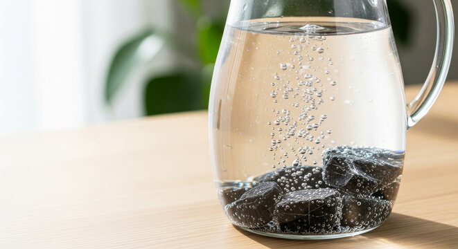Close-up of shungite stones bubbling and purifying water in a glass pitcher on a wooden table in a bright, sunlit room.
