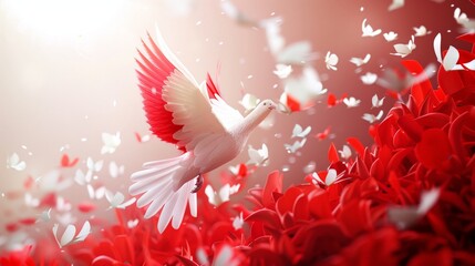 Elegant dove soaring amidst red and white flowers, symbolizing peace and freedom, a stunning scene