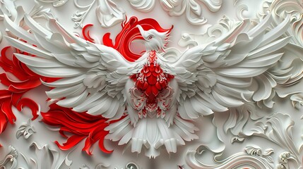 Dynamic white and red sculpted phoenix design radiating strength and artistic elegance