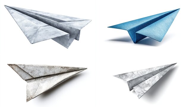 Four origami paper airplanes against a white background, diverse colors and angles