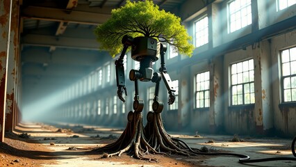 Tree robot in abandoned factory hall
