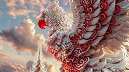 Majestic white mythical bird with fiery red accents soaring through a beautiful sky