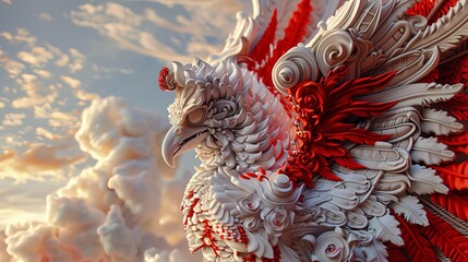 Majestic Phoenix Sculpture Soaring Through Clouds, Symbolizing Strength and Rebirth