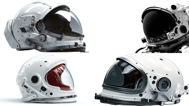 Four astronaut helmets, white, angled, complex details, with transparent visors