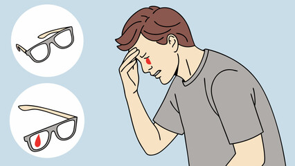 Man with Headache and Glasses Showing Eye Strain.