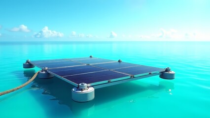 Floating solar panel array on turquoise ocean
