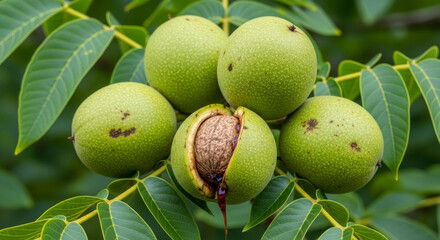 Obraz premium A close-up of ripening walnuts in their green husks on a tree, with one split open to reveal the nut. 