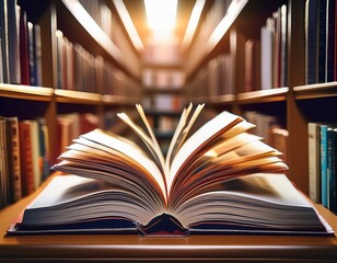 Naklejka premium an open book floats amidst a whirlwind of pages in a well lit library showcasing a dynamic display of flying literature