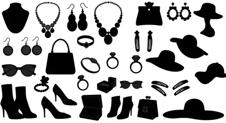 Obraz premium Silhouette collection of women’s fashion accessories including bags, shoes, jewelry, sunglasses, and hats on white background.