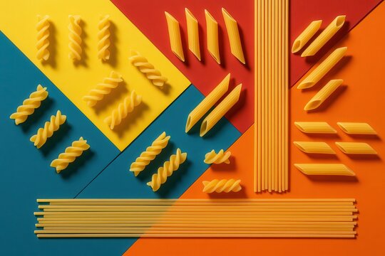 Creative pasta art installation with colorful spaghetti noodles forming abstract geometric patterns and culinary design - Powered by Adobe