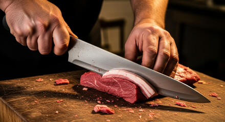Close-up of a butcher's hands using a knife to slice a piece of raw beef on a rustic wooden cutting board.