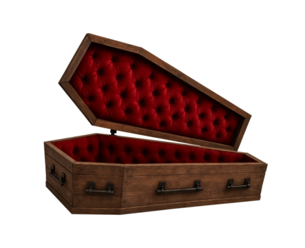 Halloween open vampire coffin with red velvet interior isolated on transparent background.