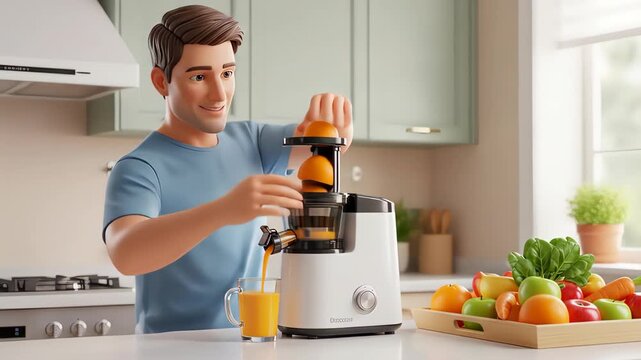 3d illustration of a cheerful man is making fresh orange juice in his modern kitchen, promoting a healthy lifestyle with a nutritious drink and a bright, clean environment