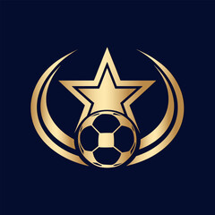 Golden star and soccer ball logo emblem with crescent shapes
