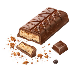 Delicious chocolate bar with creamy filling and crumbs isolated on transparent background