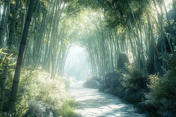 A scenic view of a Japanese bamboo forest, with towering bamboo stalks creating a natural tunnel path, lit by soft sunlight