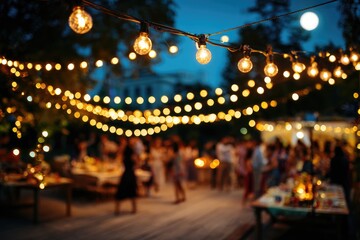 Outdoor party at night, string lights