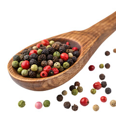 Close up of a wooden spoon filled with colorful peppercorns and scattered peppercorns isolated on transparent background