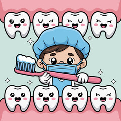 Obraz premium Cute Dentist with Happy Teeth Cartoon Illustration