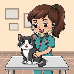 Cute veterinarian examining a cat in clinic, cartoon style