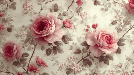 Antique Floral Tapestry with Lush Pink Roses on a Textured Cream Canvas