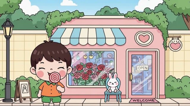 Cartoon Boy with Lollipop at Flower Shop: Animated Scene