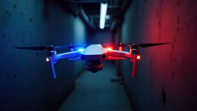 Luces LED azules y rojas parpadean en un dron policial que vuela silenciosamente en un callej&oacute;n urbano