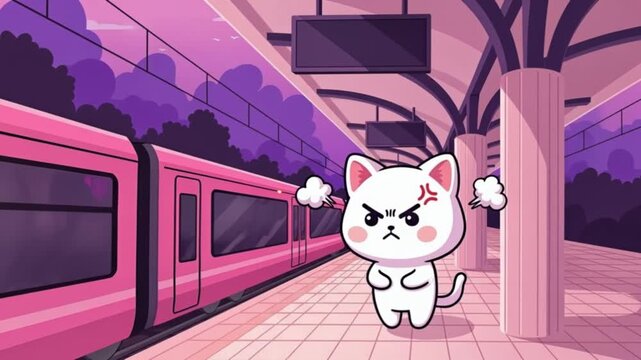 Angry Cartoon Cat Waiting for a Pink Train at a Purple Subway Station