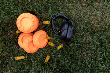 lay flat of skeet targets and shotgun shell 