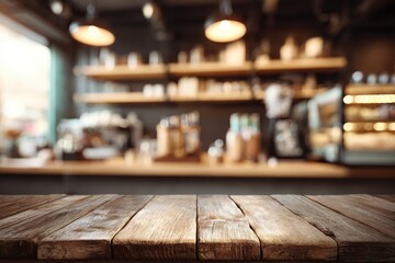 Empty wooden cafe table top, blurred cafe background