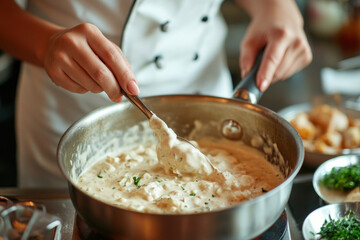Chef cooking a healthy meal in the kitchen with fresh vegetables and a pot on the stove