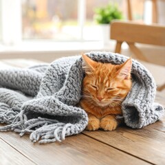 Cozy ginger kitten draped in a gray blanket