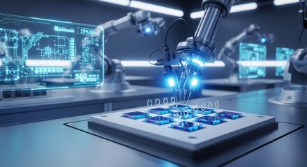 Quantum chip packaging process captured in a futuristic lab showcasing silicon qubits attached to ceramic modules with precise alignment instruments.