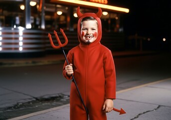 A young boy dressed in a red devil costume stands on the street ready for trick or treating on halloween night