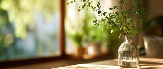 Serene living room scene featuring glass vase with branch of green leaves, illuminated by soft natural light, creating calming atmosphere