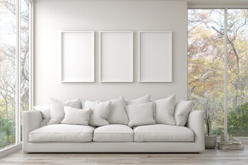 White living room with framed art