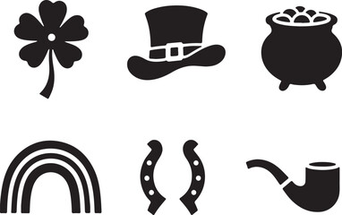 Lucky St Patricks Day icons clover rainbow pot gold horseshoe pipe