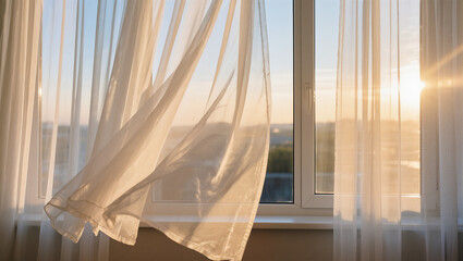Sheer curtains waving in sunlight by window in the morning 