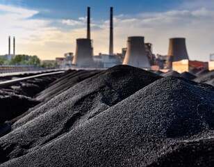 coal piles line an industrial area with blurred smokestacks and urban buildings in the background illustrating energy production