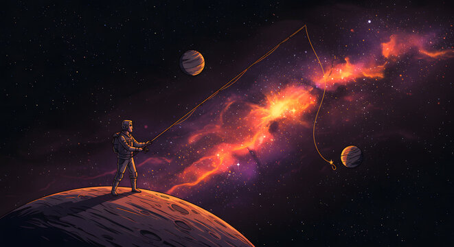 An astronaut fishing for a star in space with planets and a nebula in the dark night sky background