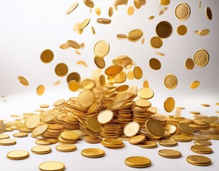 falling gold coins on white background gold coin drop on white backdrop scattered golden coins with white background white background with falling coins gold money rain on white surface